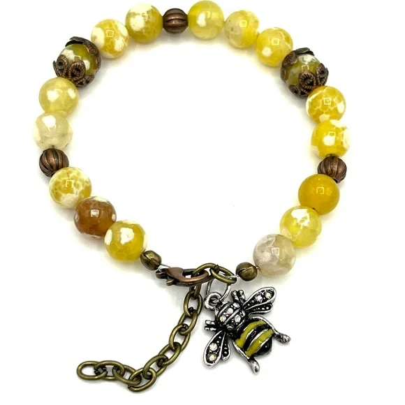 HAND CRAFTED Yellow Fire Agate Beaded Bracelet - Picture 1 of 5